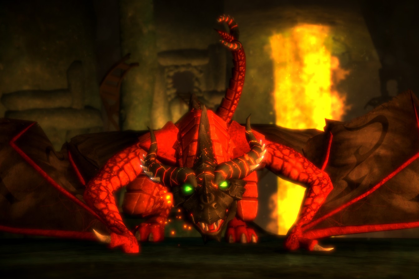 Charlock, known as the Red Dragon, with glowing green eyes.